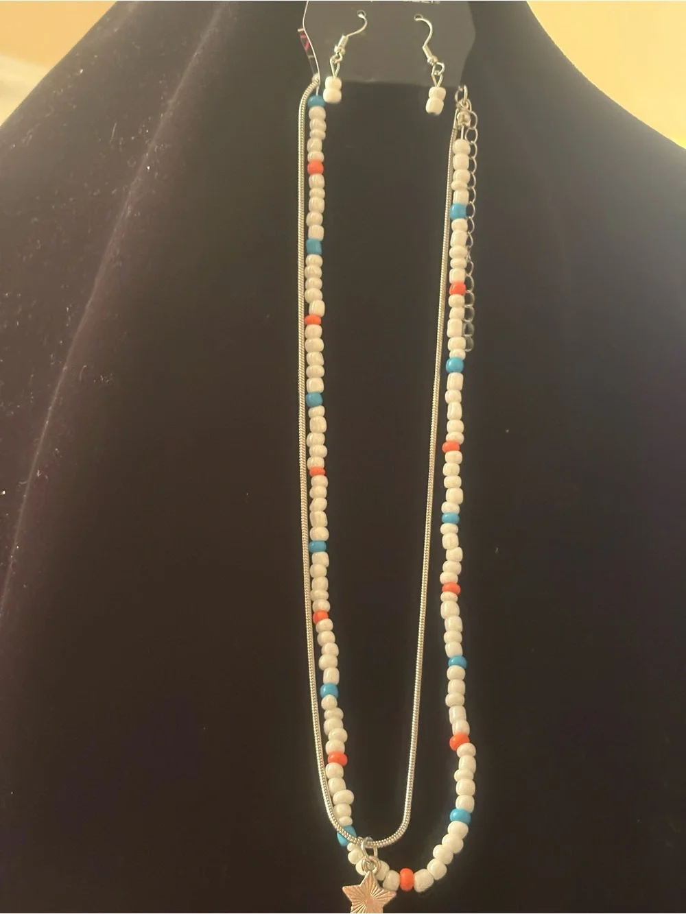 Beaded White, Blue & Coral Star Pendant Necklace - Women Jewelry
